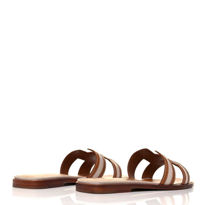 Hermes Calfskin Canvas Oran Sandals 37.5 Noisette Beige Dore 4 of 7