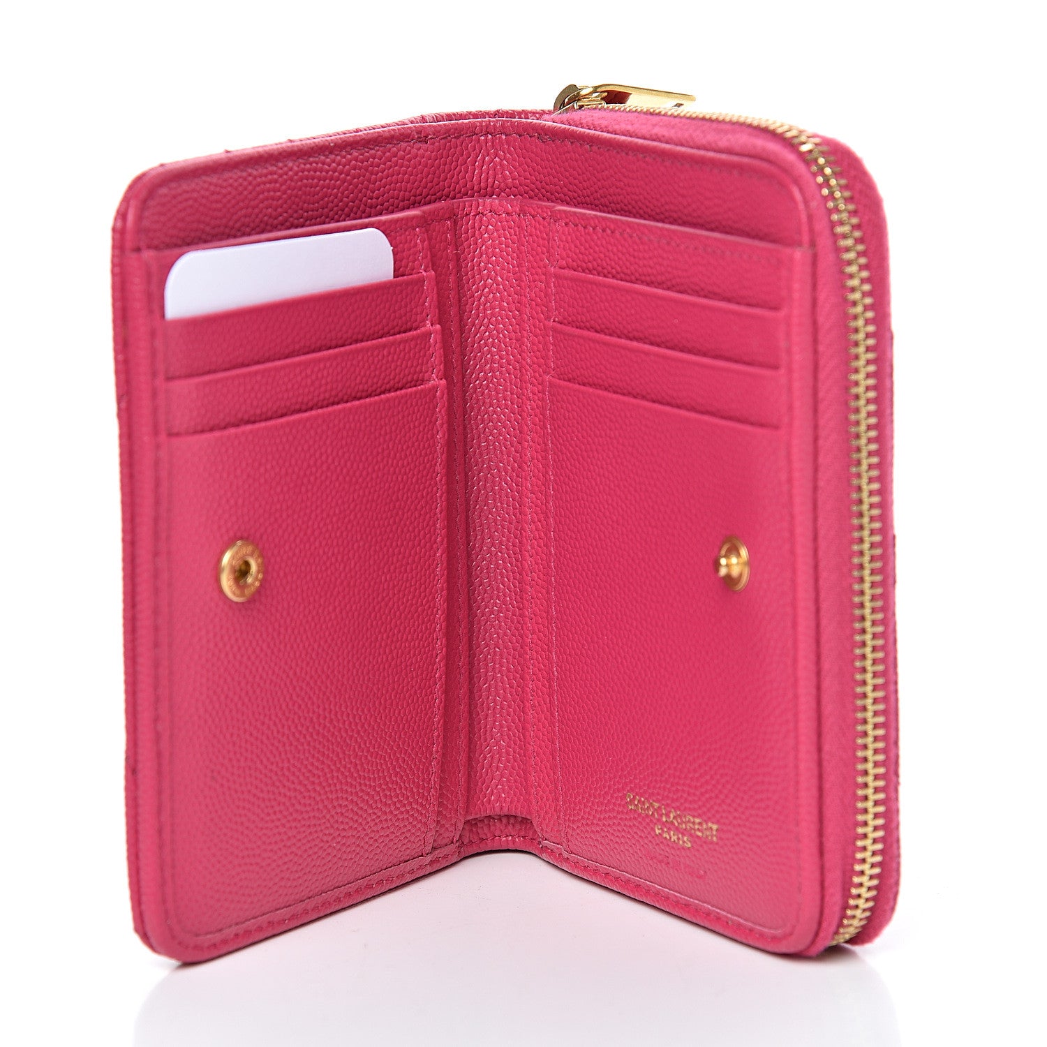 Saint Laurent Grain De Poudre Matelasse Chevron Monogram Compact Zip Around Wallet Fuchsia 5 of 9