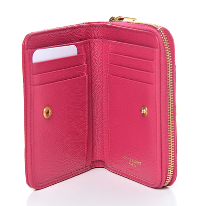 Saint Laurent Grain De Poudre Matelasse Chevron Monogram Compact Zip Around Wallet Fuchsia 5 of 9