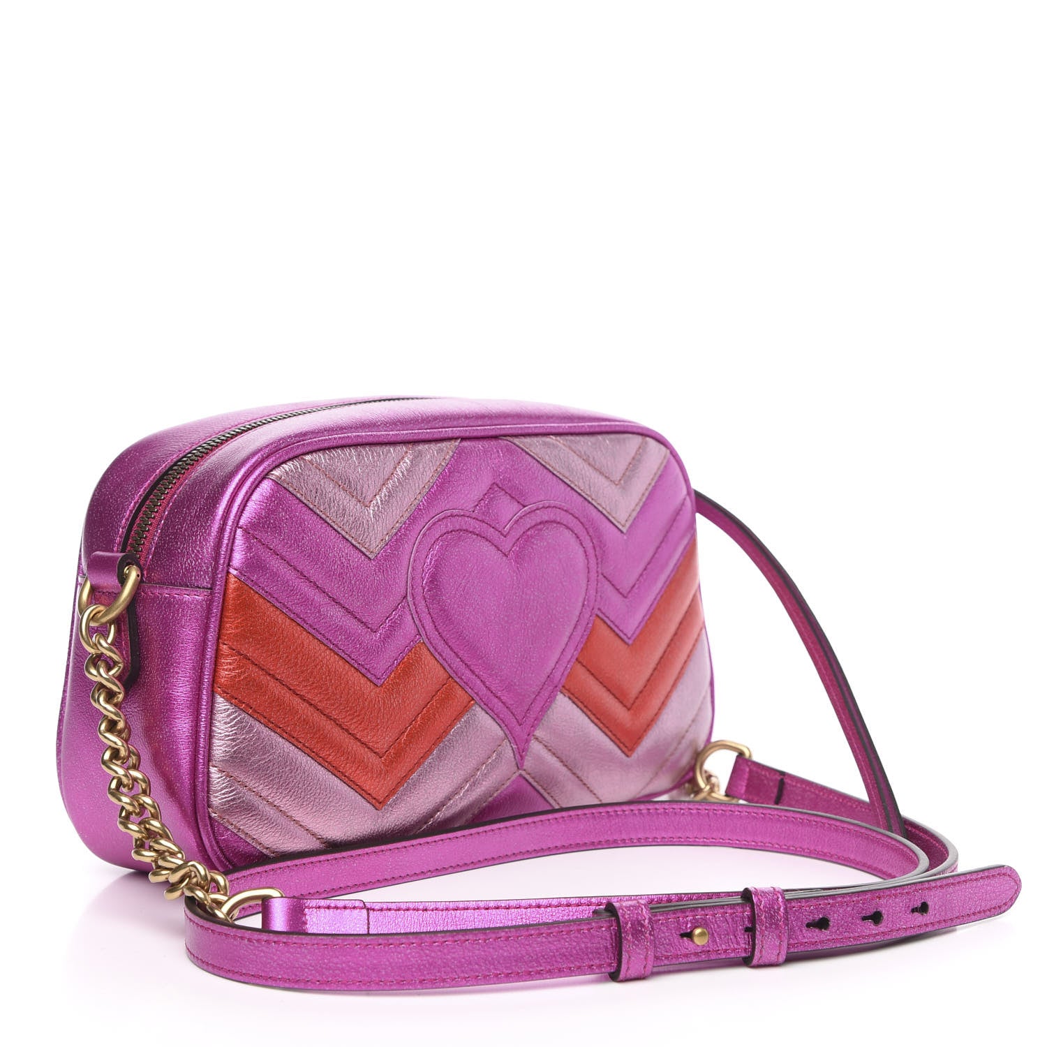 Gucci Laminated Nappa Matelasse Small GG Marmont Chain Shoulder Bag Fuxia Rosso Rosa 3 of 11