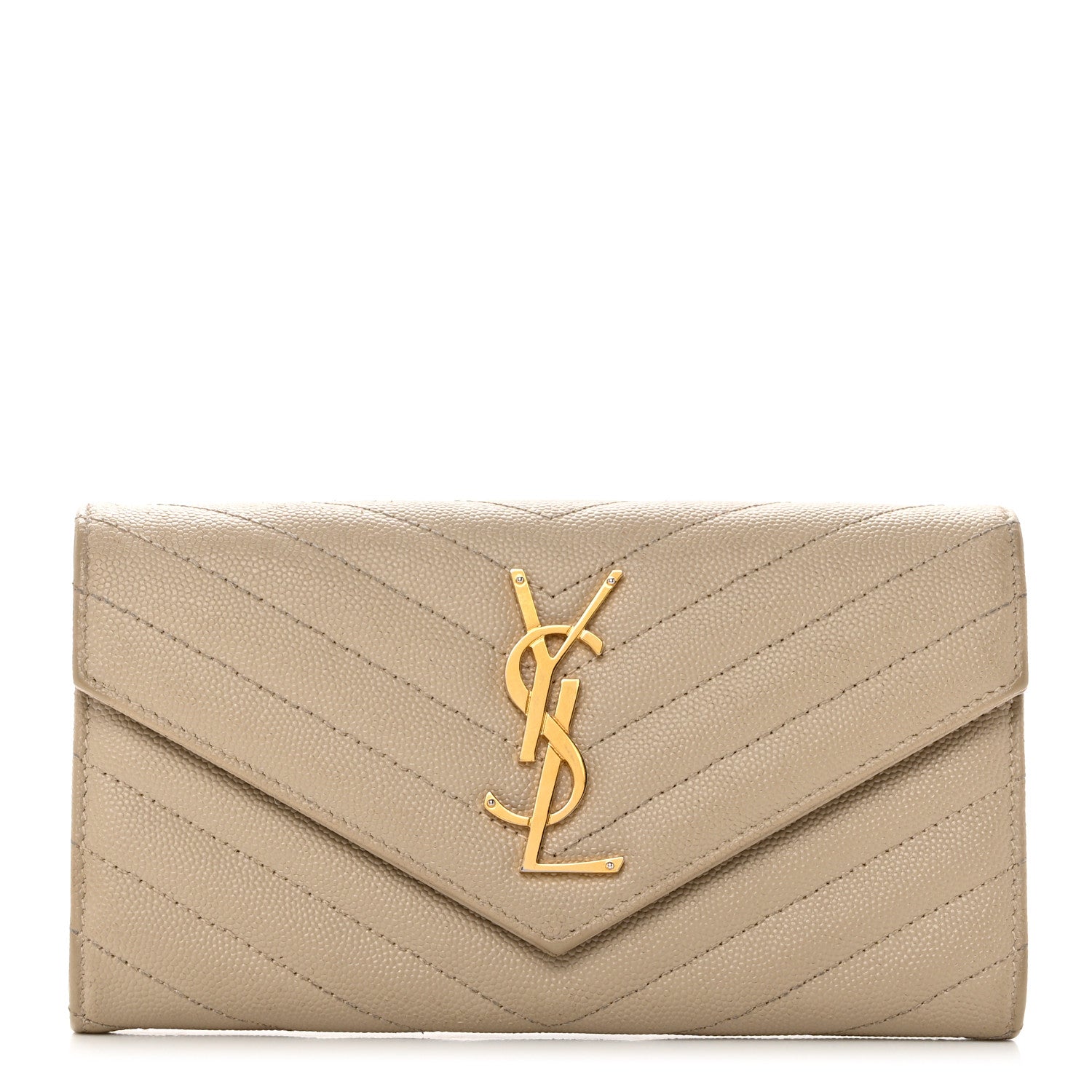 Saint Laurent Grain De Poudre Matelasse Chevron Monogram Flap Wallet Dark Beige 1 of 12