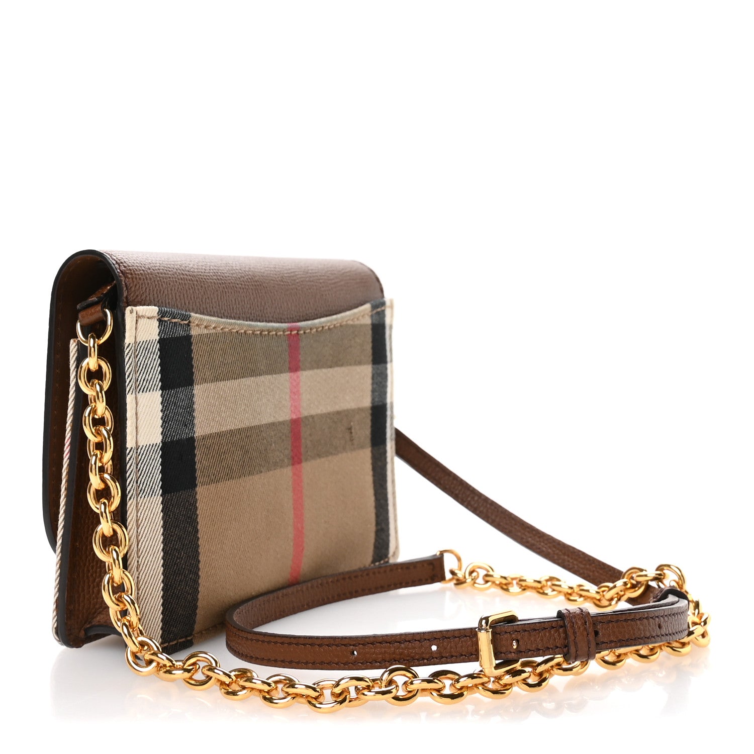 Burberry Grained Calfskin House Check Tartan Mix Hampshire Wallet On Chain Tan 3 of 12