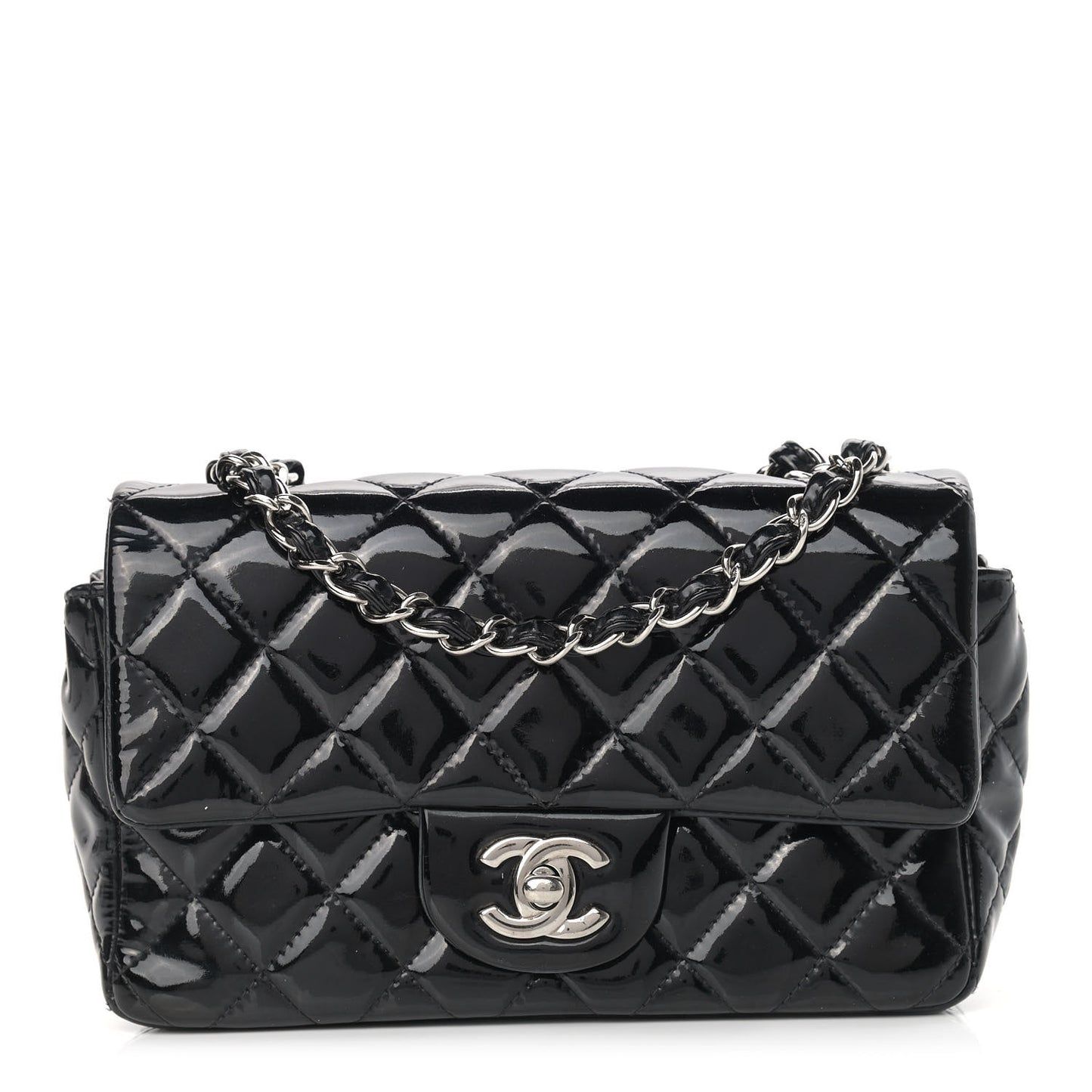 Patent Calfskin Quilted Mini Rectangular Flap Black