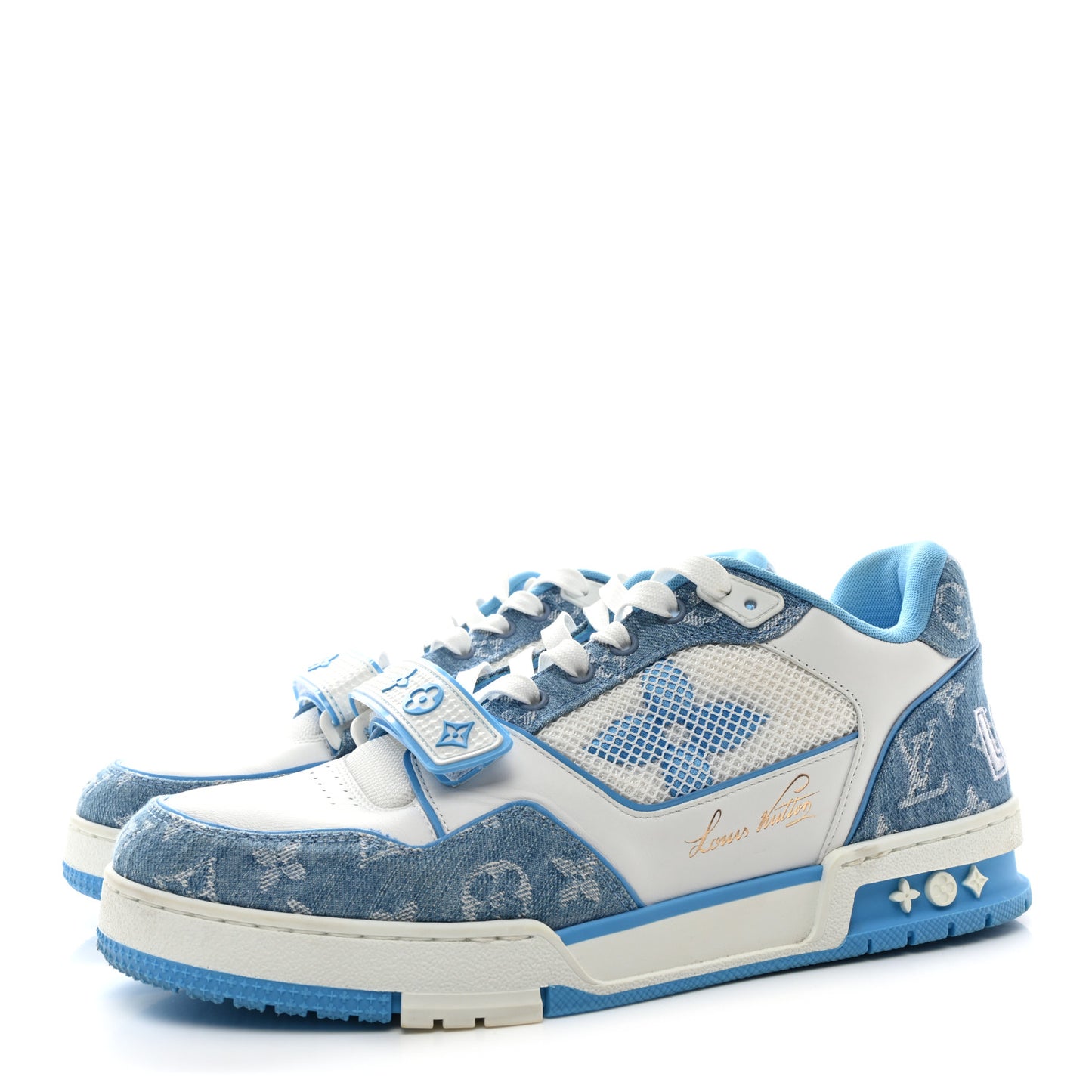 Calfskin Monogram Denim Mens LV Trainer Sneakers 9 Blue White