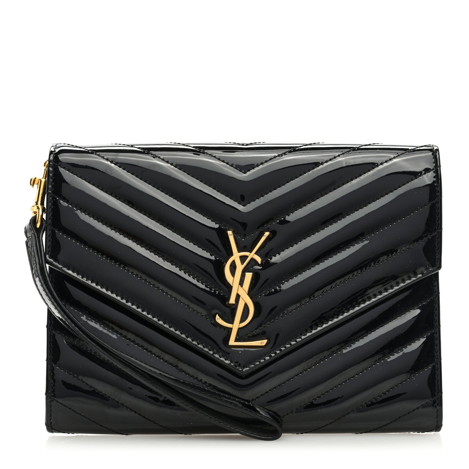Saint Laurent Patent Matelasse Chevron Monogram Envelope Clutch Black 1 of 6