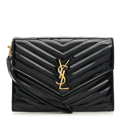 Saint Laurent Patent Matelasse Chevron Monogram Envelope Clutch Black 1 of 6
