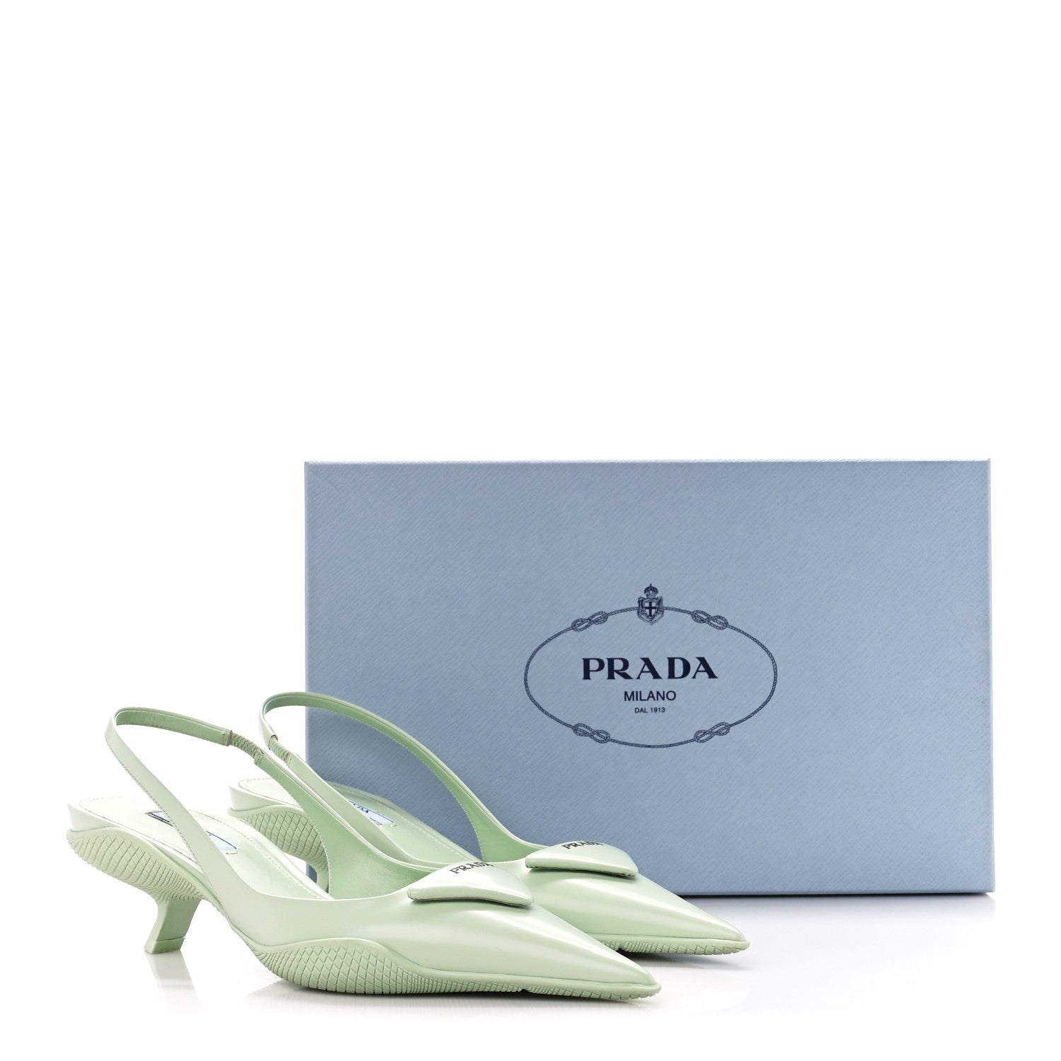 Prada Spazzolato Triangle Logo Pointed Toe 45mm Slingback Pumps 37 Acqua 9 of 9