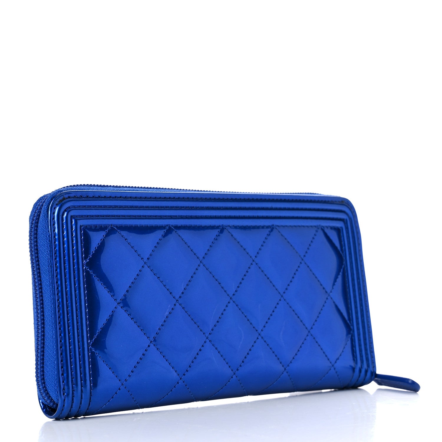Chanel Metallic Patent Calfskin Quilted Boy L-Gusset Zip Wallet Blue 4 of 13