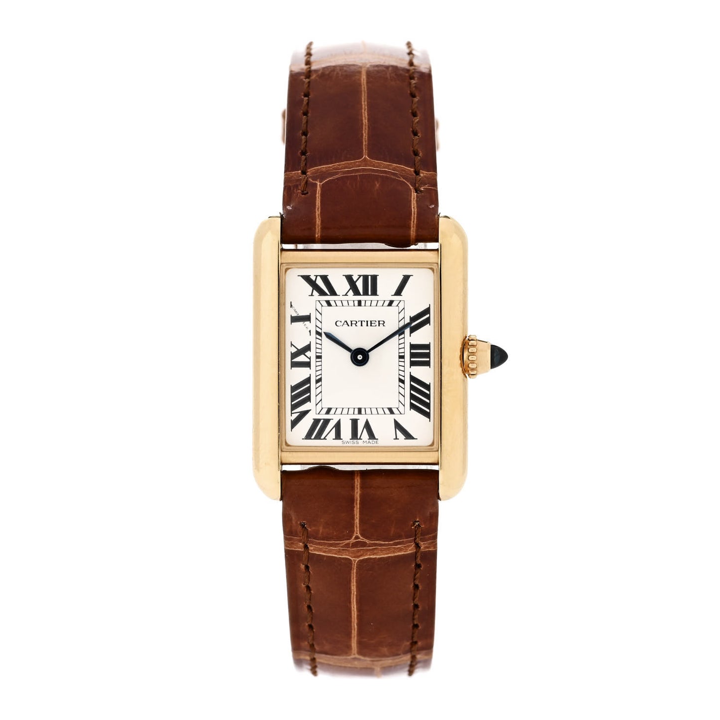 18K Yellow Gold Alligator 22mm Tank Louis Quartz Watch Brown