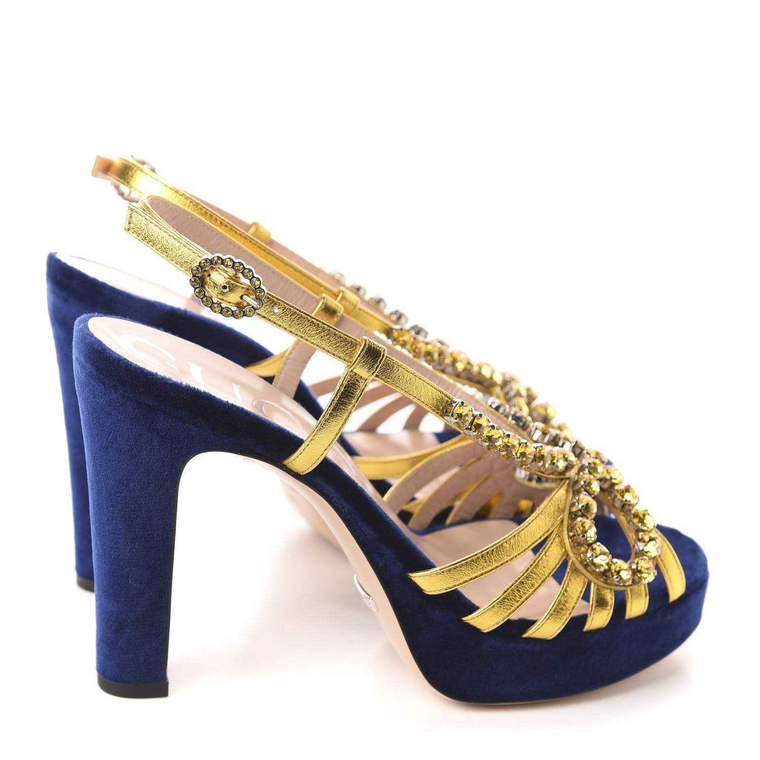 Gucci Velvet Nappa Crystal Zephyra Slingback Platform High Heel Sandals 38.5 Blue Gold 4 of 9
