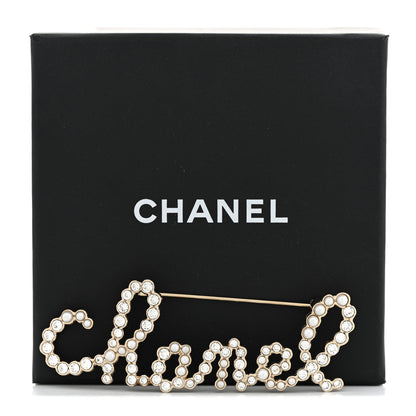 Chanel Crystal Pearl Logo Brooch Gold 5 of 5