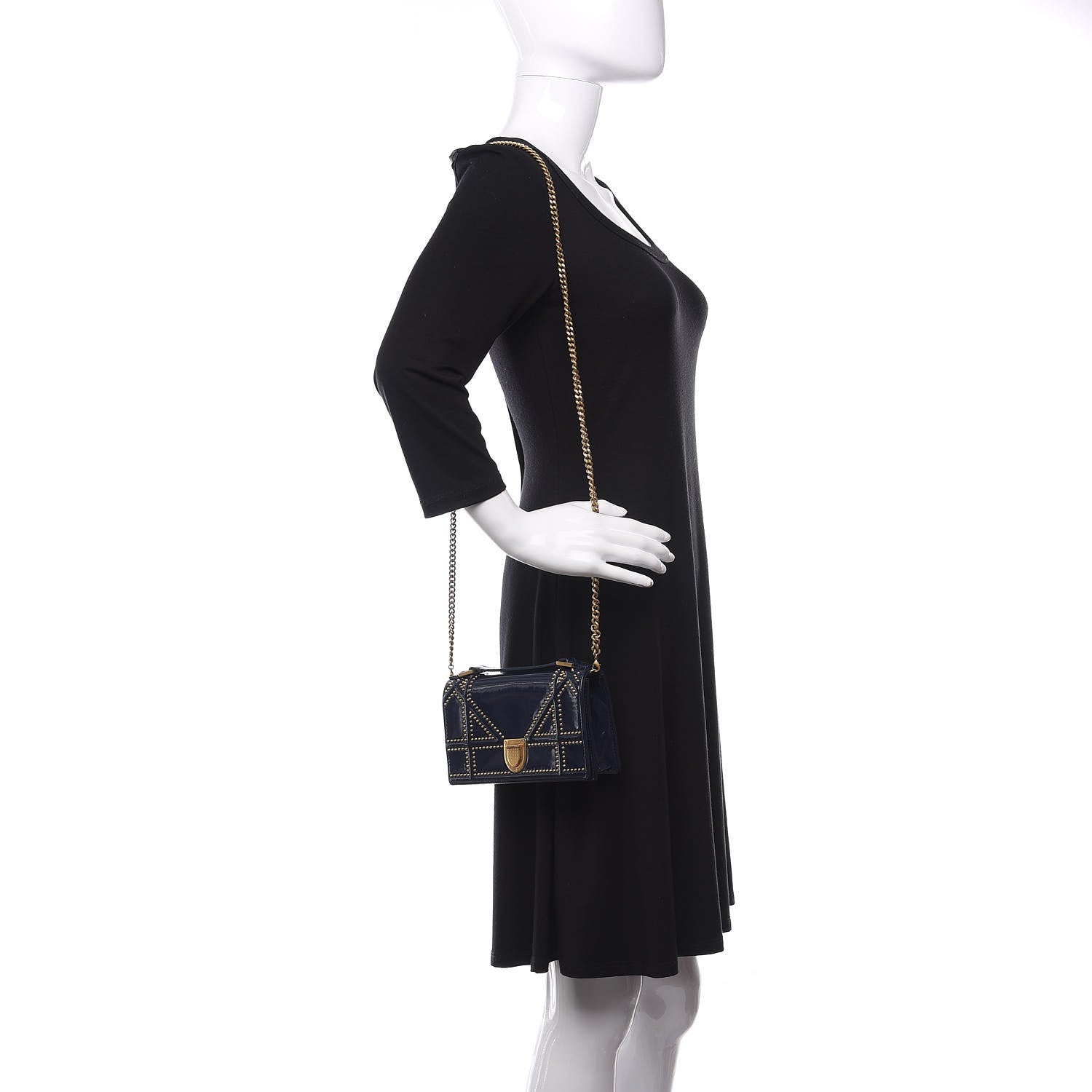 Christian Dior Patent Studded Diorama Top Handle Wallet on Chain Pouch Navy Blue 2 of 12