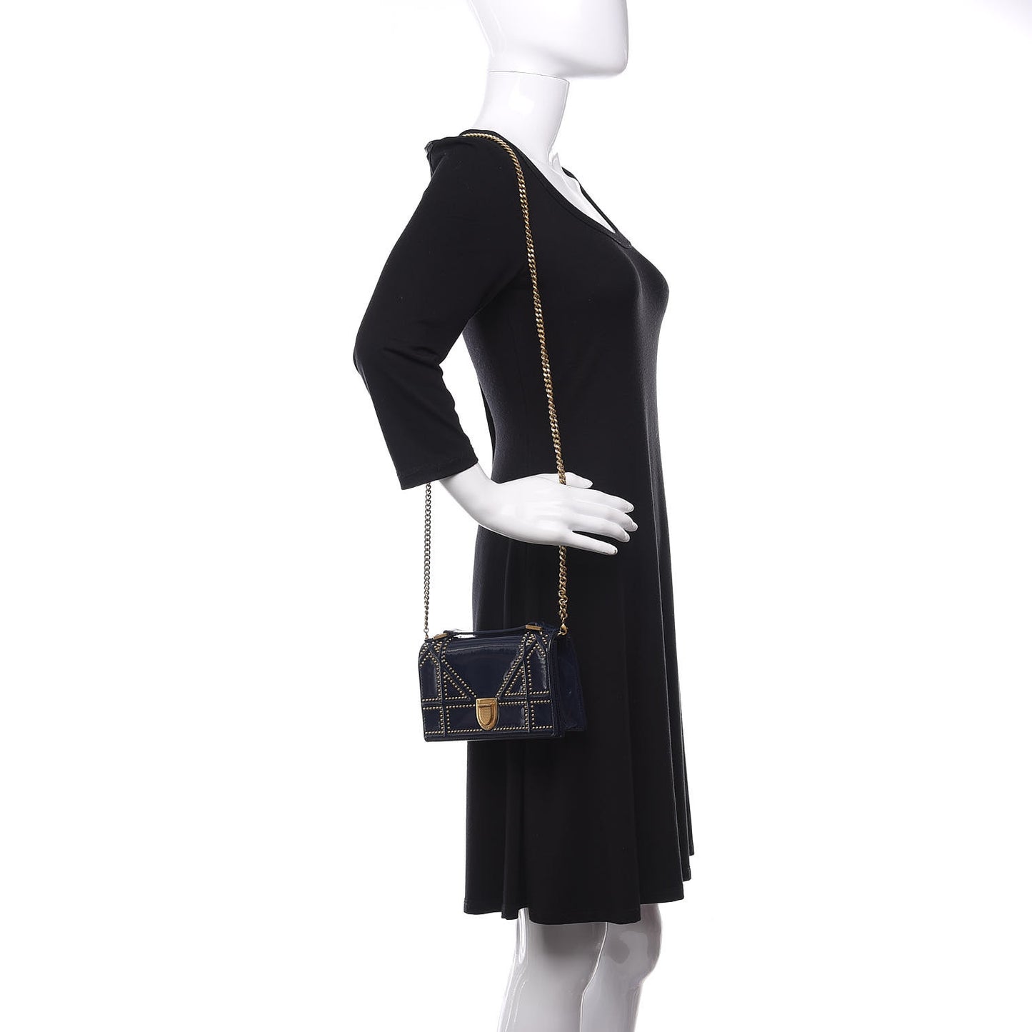Patent Studded Diorama Top Handle Wallet on Chain Pouch Navy Blue