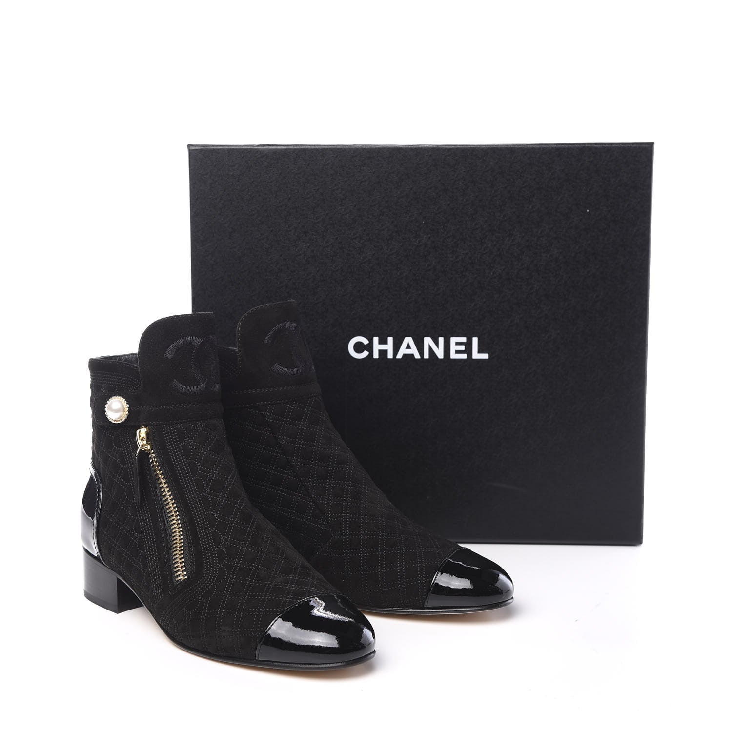 Chanel Suede Patent Calfskin Quilted Cap Toe Short Boots 38.5 Black 12 of 12
