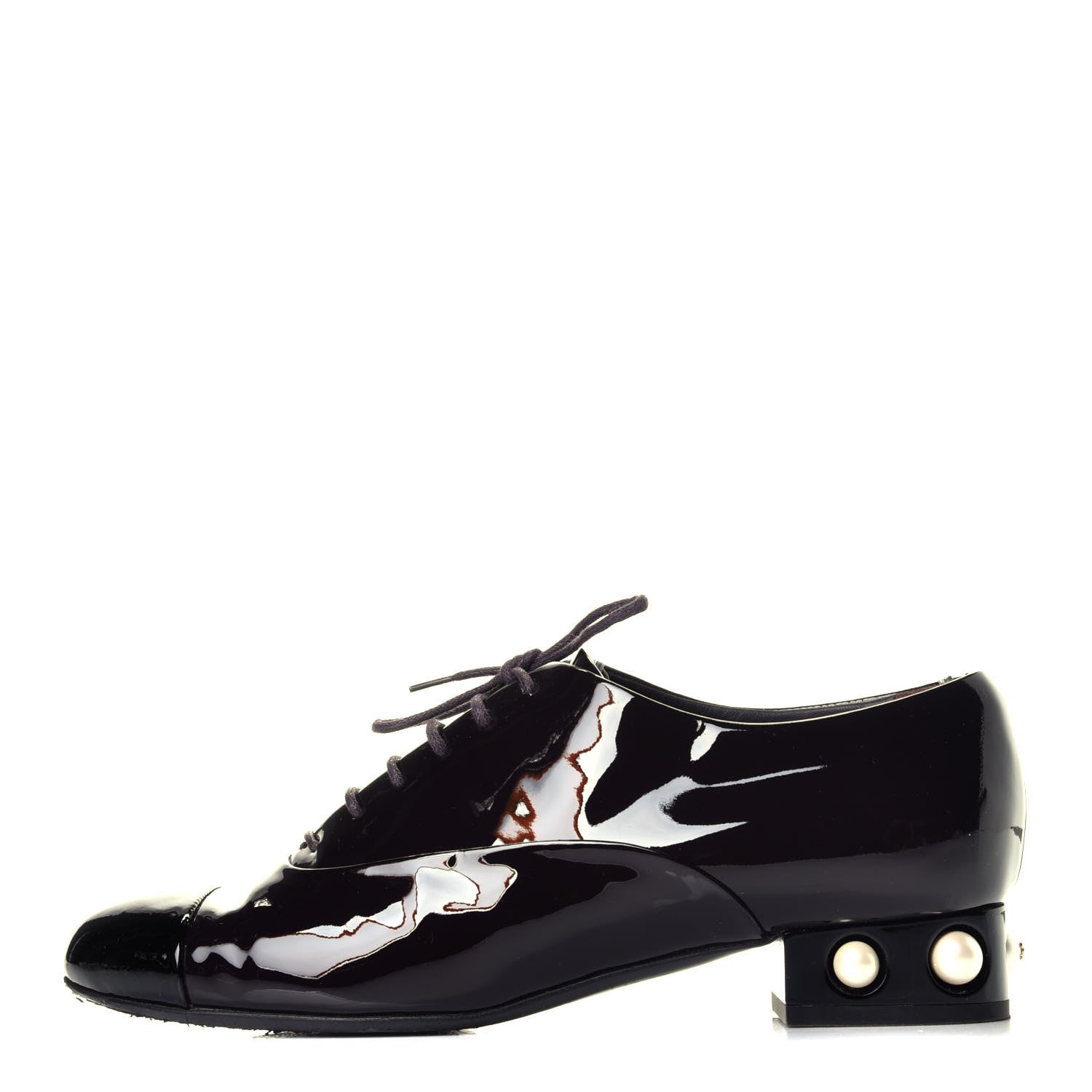 Chanel Patent Calfskin Pearl CC Lace Up Oxfords 39.5 Burgundy Black 1 of 10