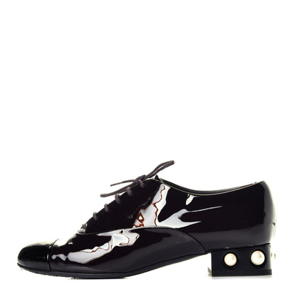 Chanel Patent Calfskin Pearl CC Lace Up Oxfords 39.5 Burgundy Black 1 of 10