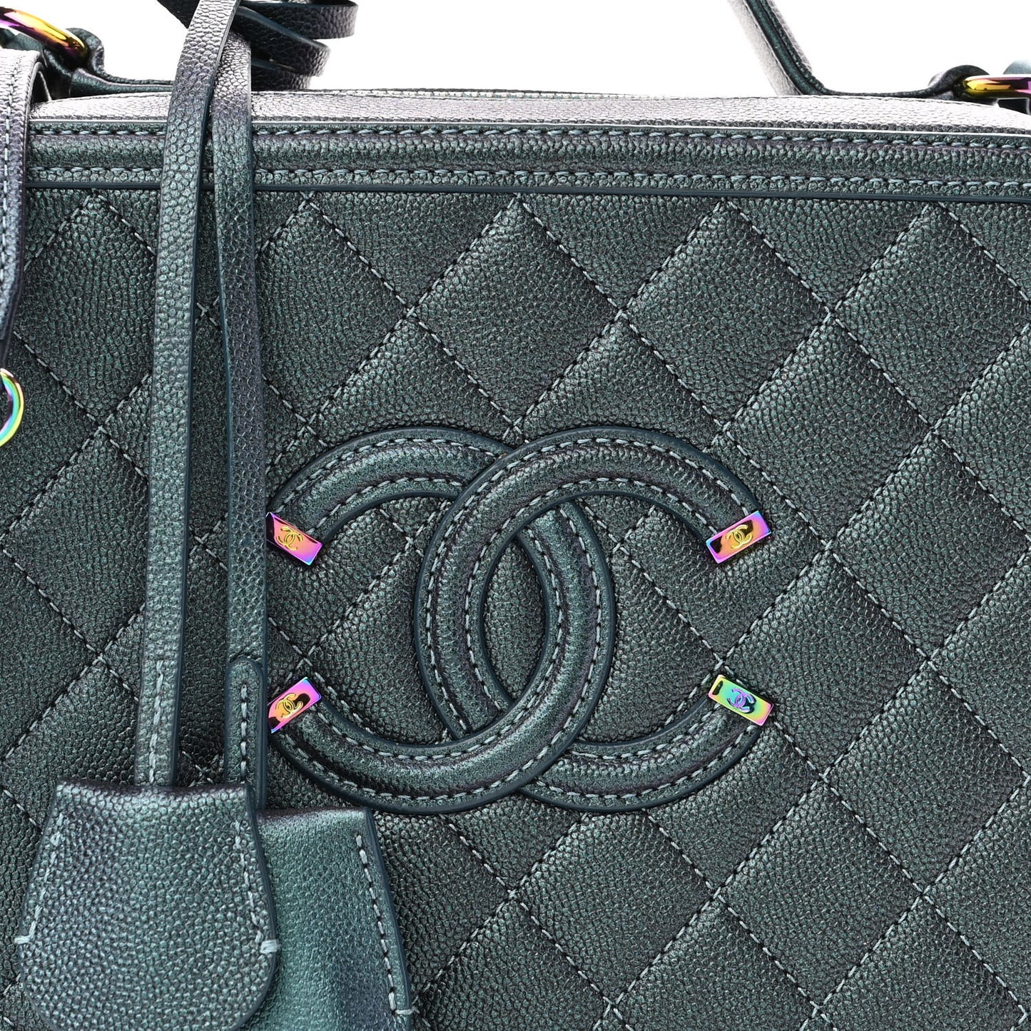 Iridescent Caviar Quilted Medium CC Filigree Vanity Case Dark Turquoise