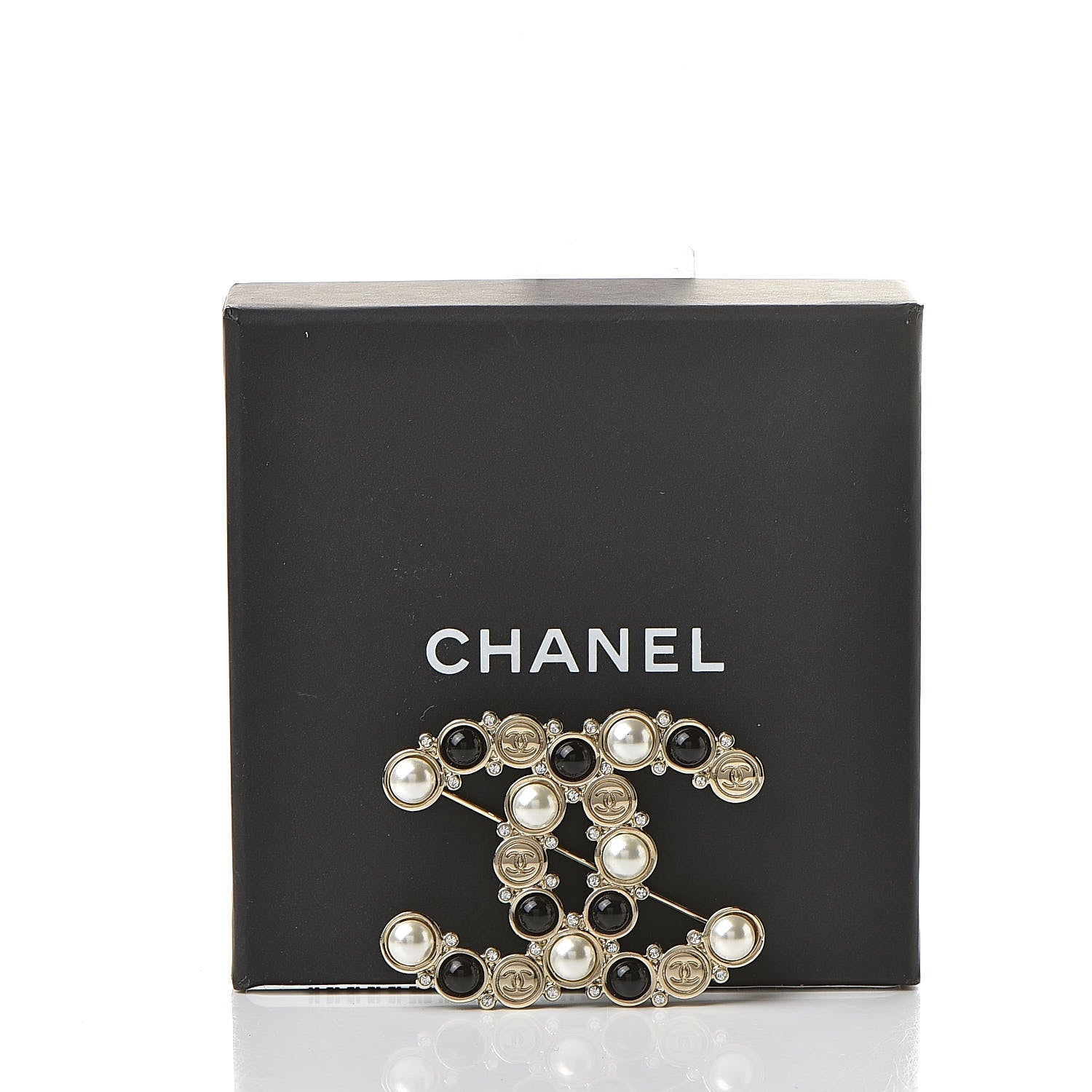 Chanel Crystal Pearl Metal Resin Polka Dot CC Brooch Black Gold 5 of 5