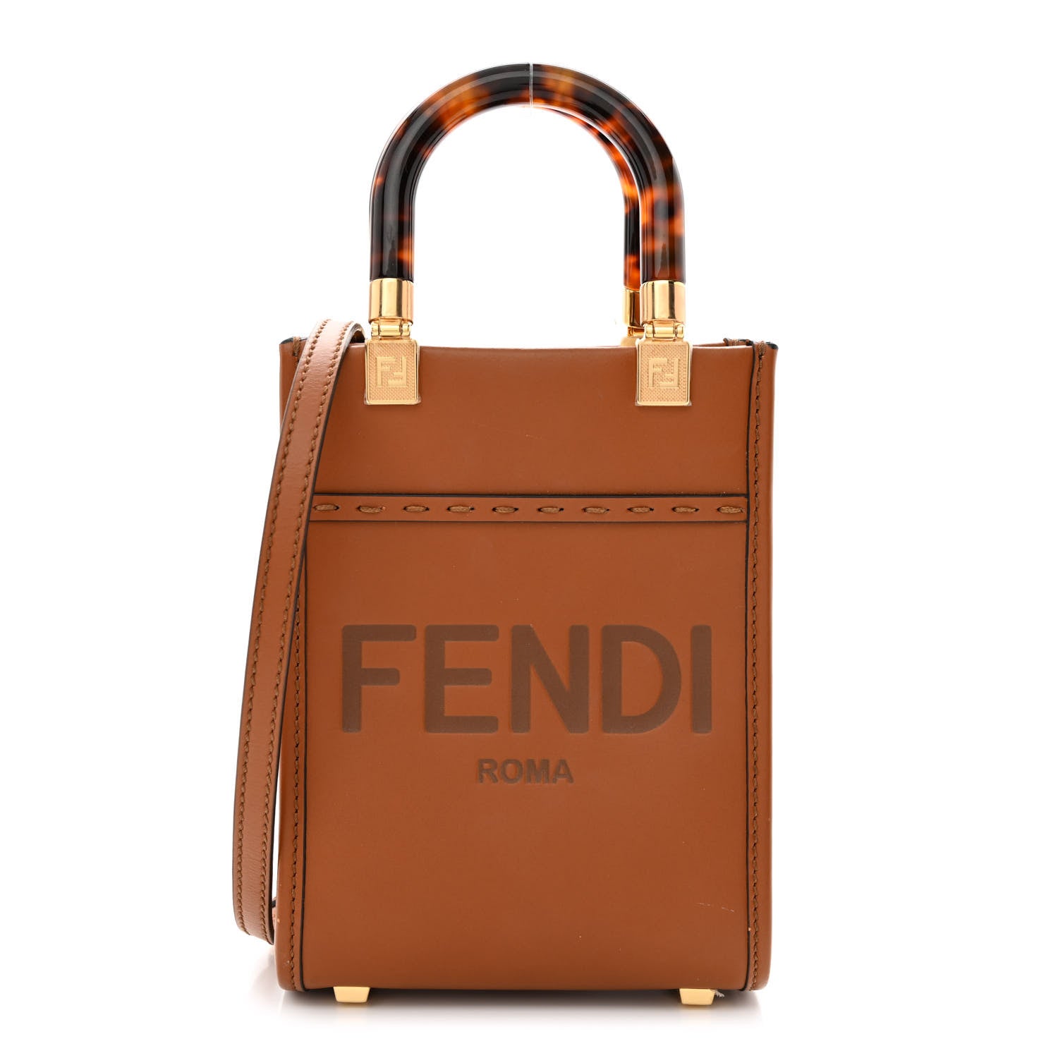 Fendi Vitello King Plexiglass Logo Embossed Mini Fendi Sunshine Shopper Tote Cuoio 1 of 12