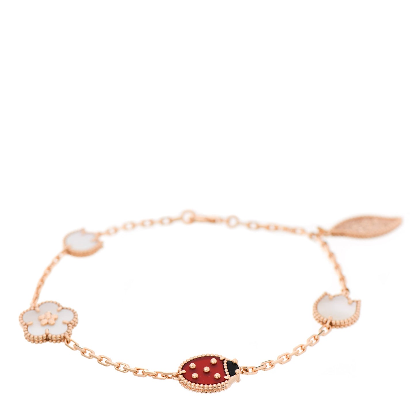 18K Rose Gold Carnelian Mother of Pearl Onyx 5 Motifs Lucky Spring Bracelet