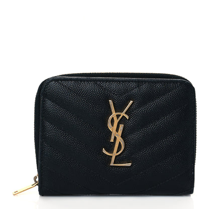 Saint Laurent Grain De Poudre Matelasse Chevron Monogram Compact Zip Around Wallet Black 1 of 6