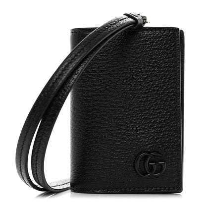 Gucci Calfskin Boar Effect Monochrome GG Marmont Card Case with Removable Strap Black 1 of 8
