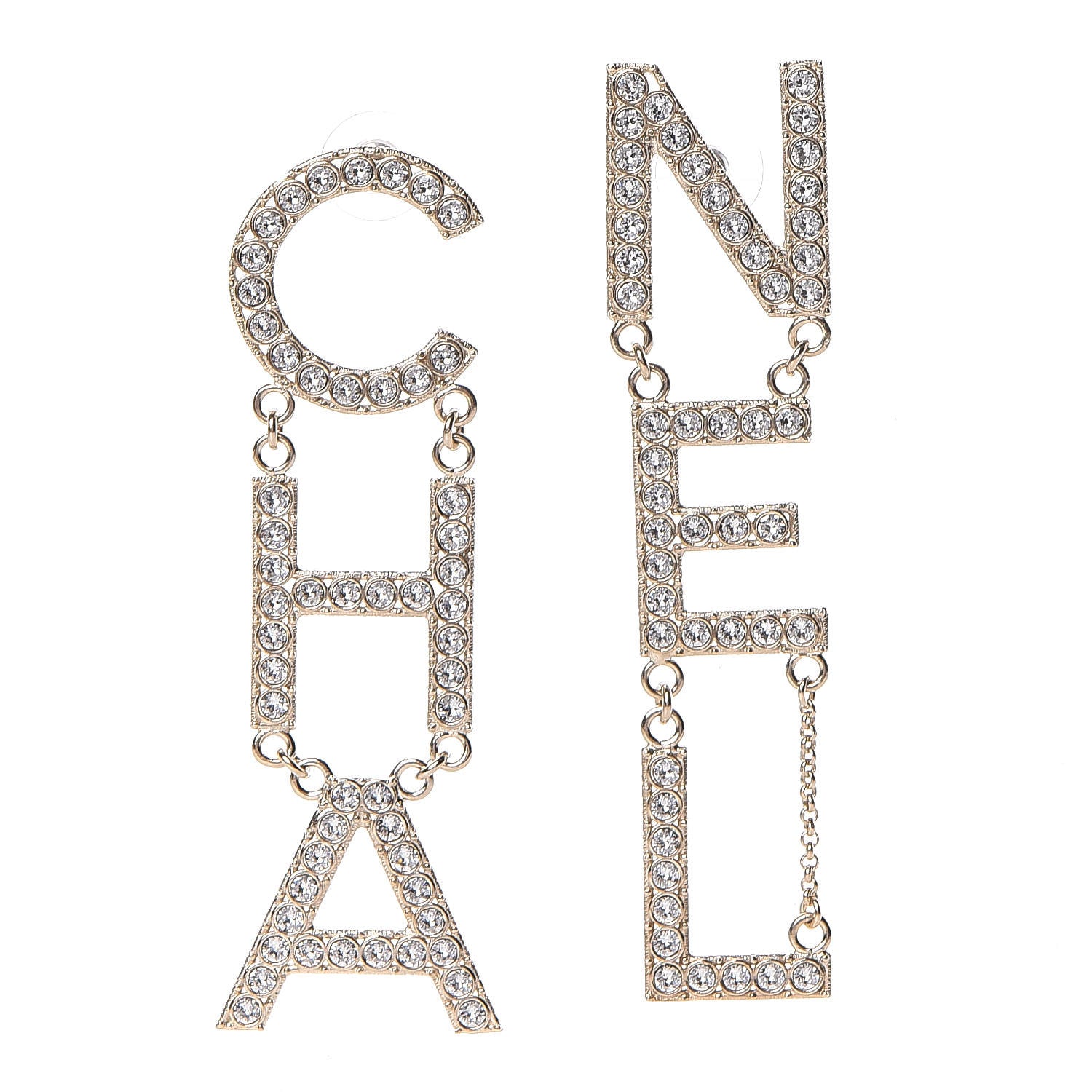 Chanel Crystal Cha-Nel Logo Drop Earrings Gold 1 of 7