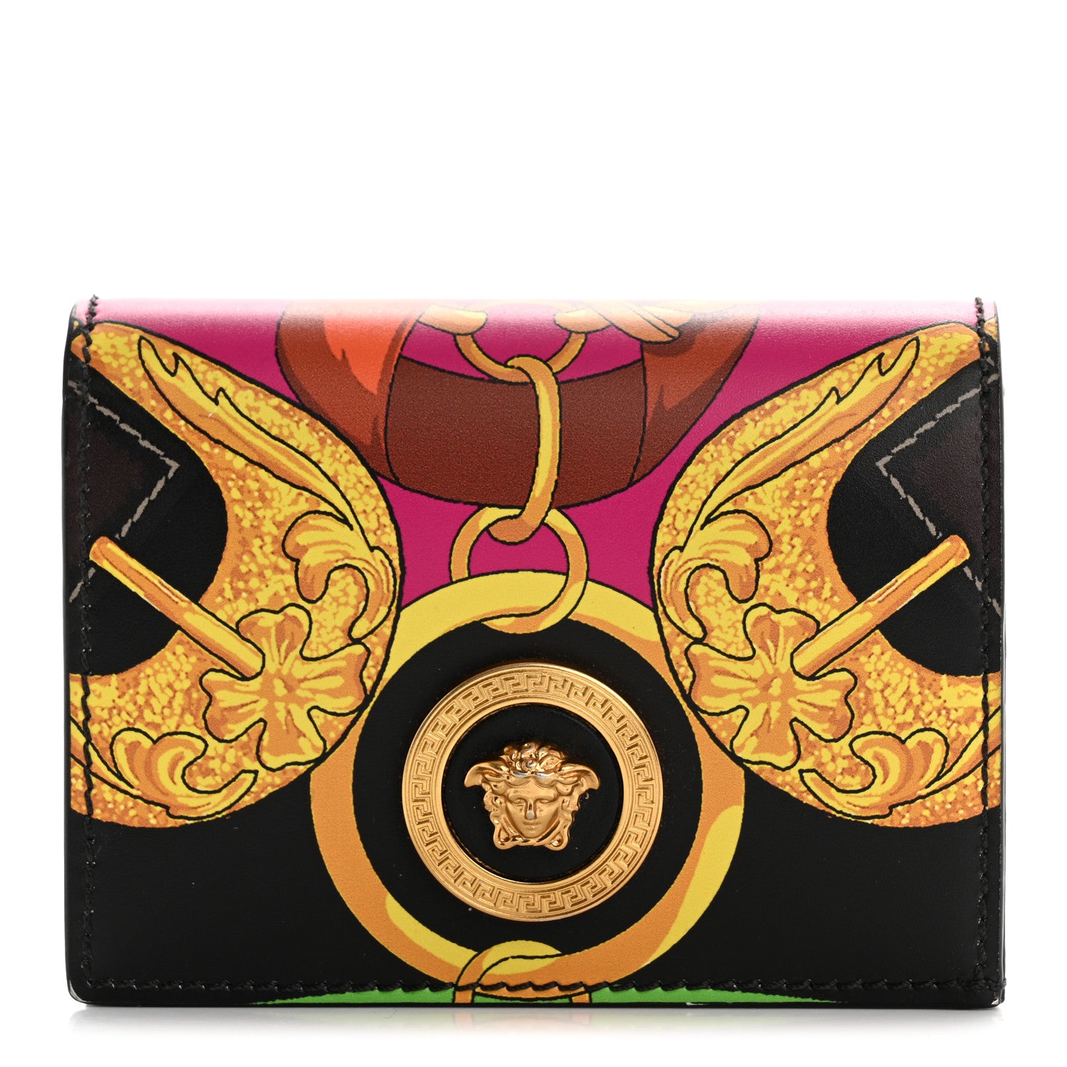 Versace Calfskin Medusa Barocco Rodeo Print Card Holder Wallet Black Multicolor 1 of 10