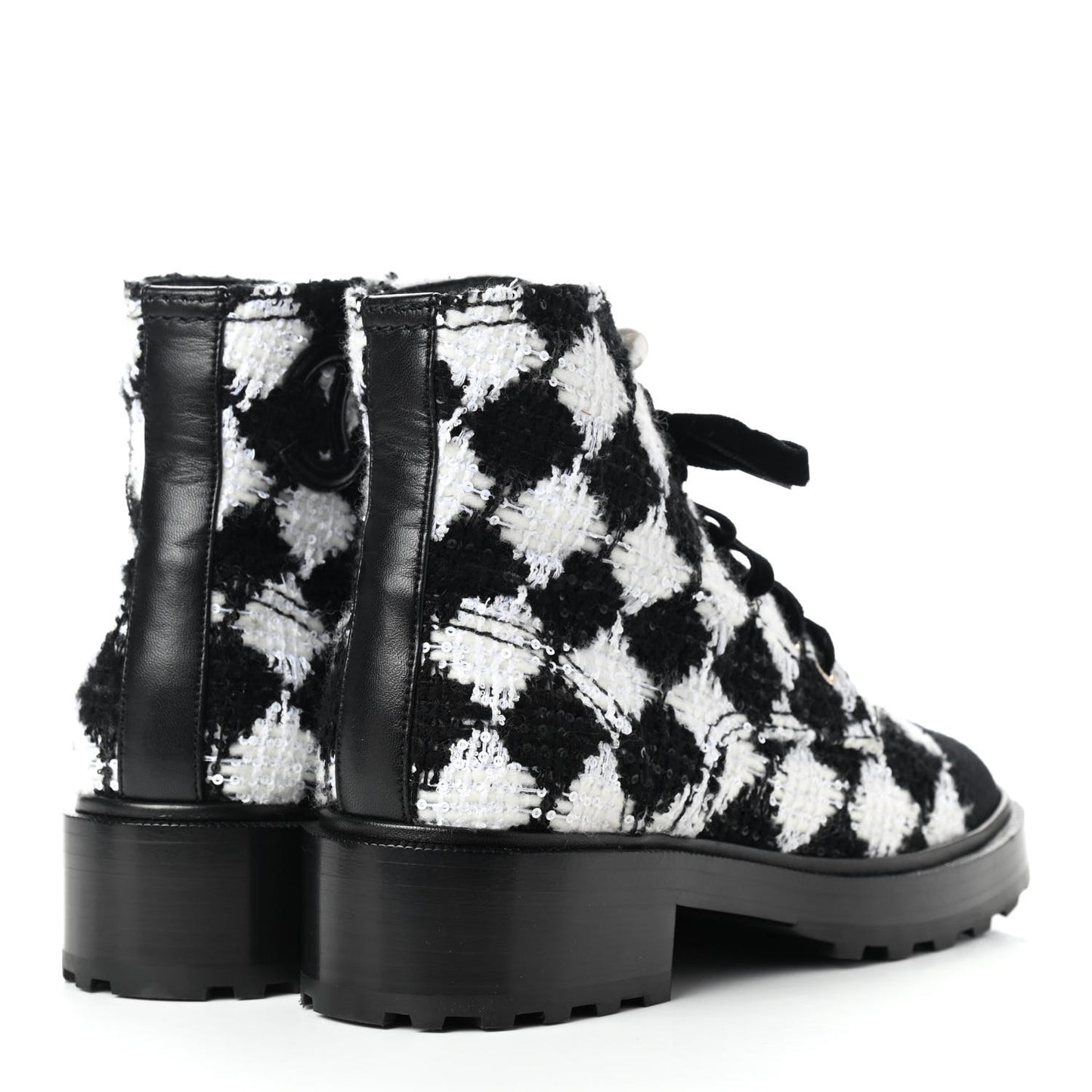 Tweed Grosgrain Pearl Combat Short Boots 37 White Black