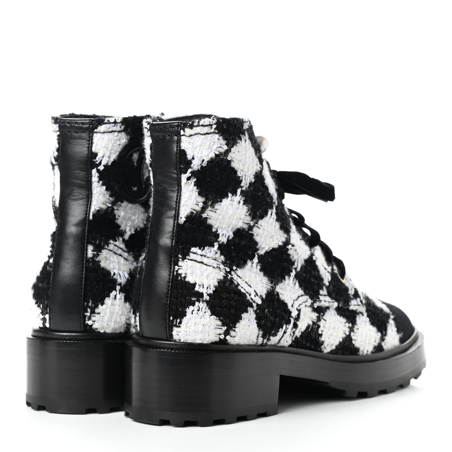 Chanel Tweed Grosgrain Pearl Combat Short Boots 37 White Black 4 of 11