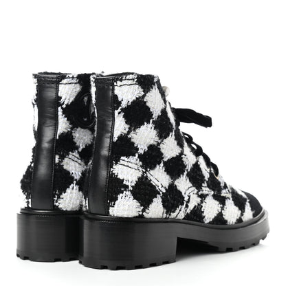 Chanel Tweed Grosgrain Pearl Combat Short Boots 37 White Black 4 of 11