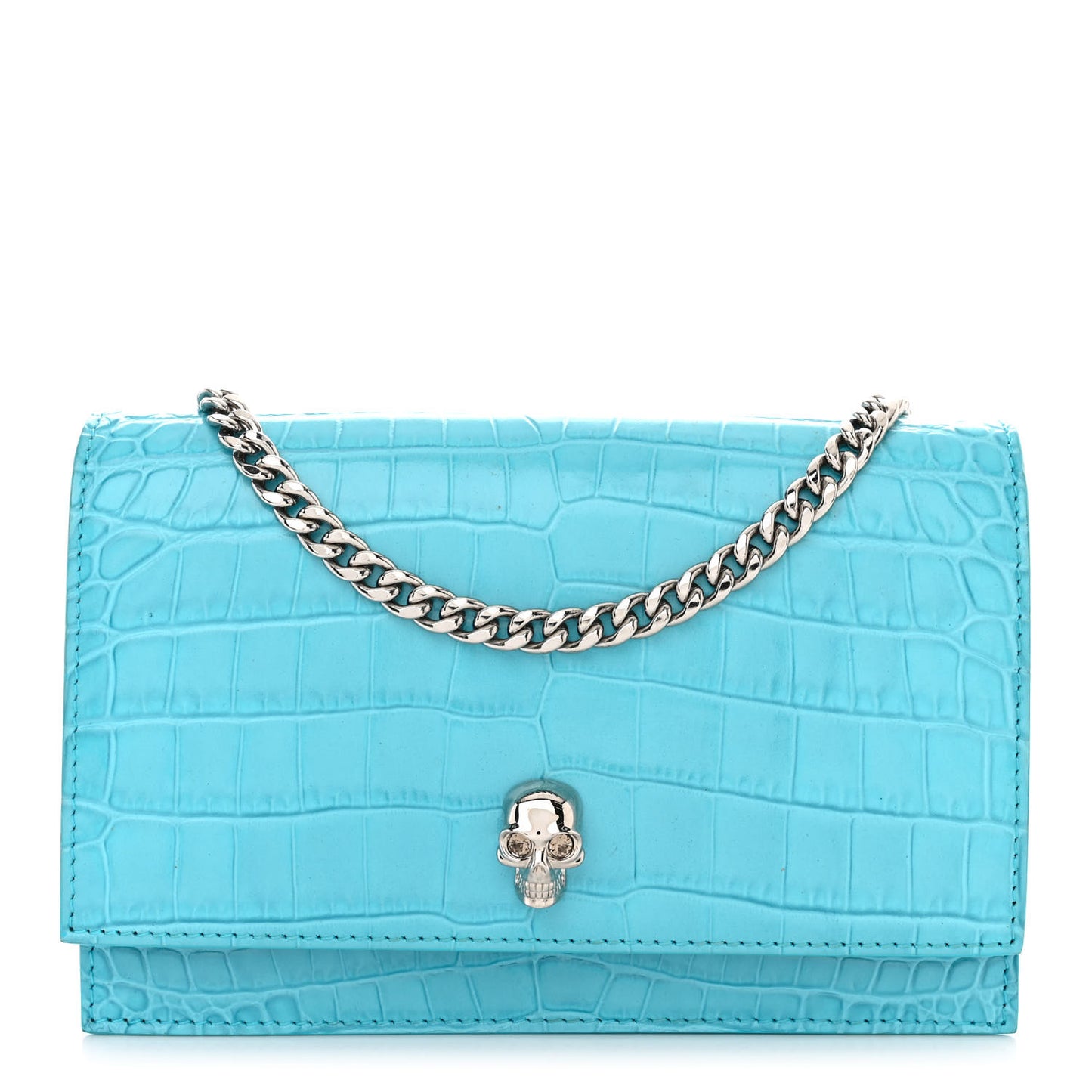 Calfskin Crocodile Embossed Skull Mini Crossbody Bag Cerulean
