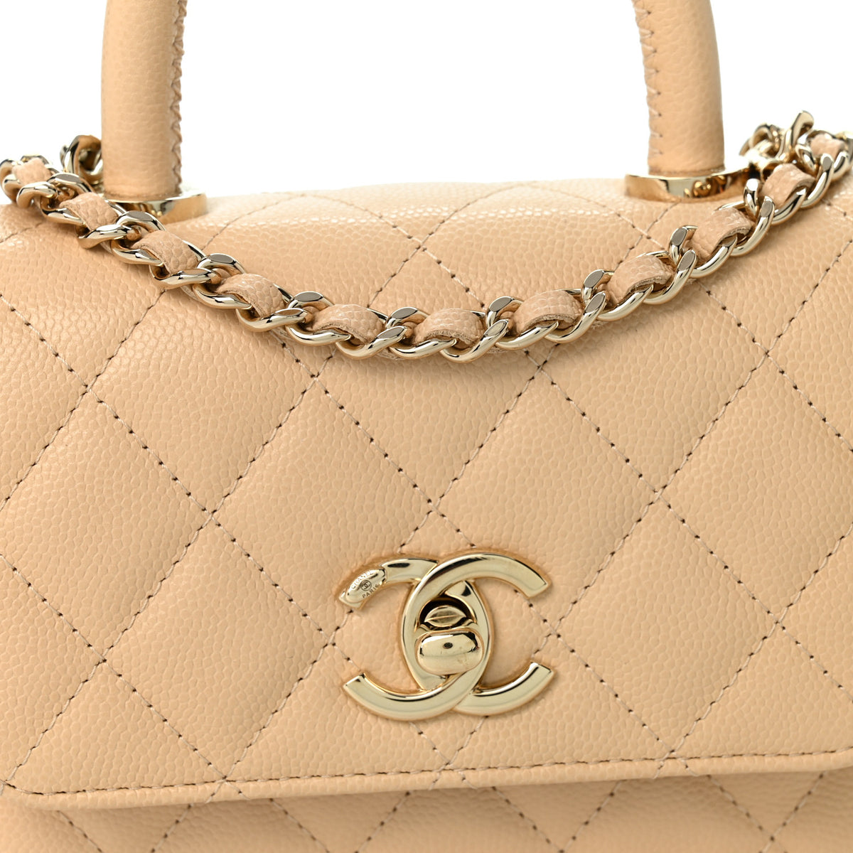 Caviar Quilted Coco Handle Clutch With Chain Beige