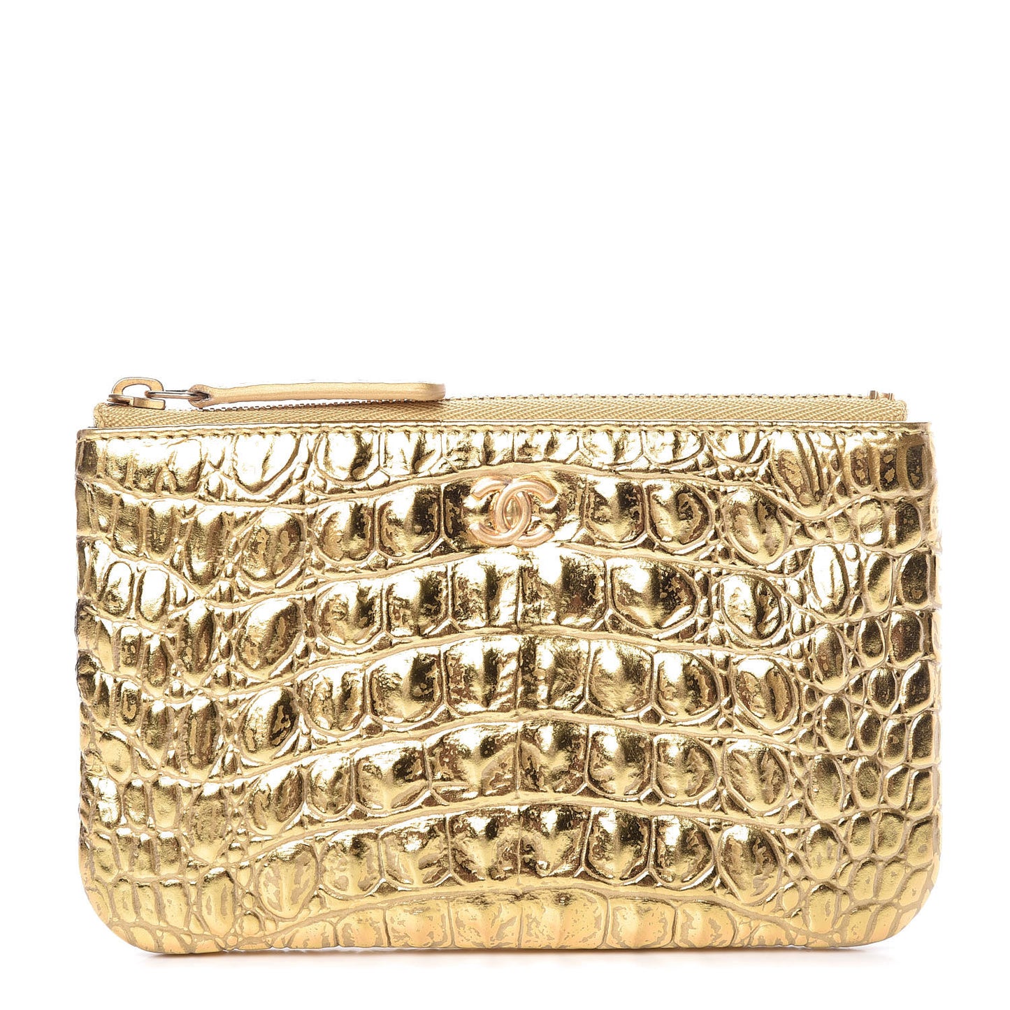 Metallic Calfskin Crocodile Embossed Cocodile Cosmetic Case Gold