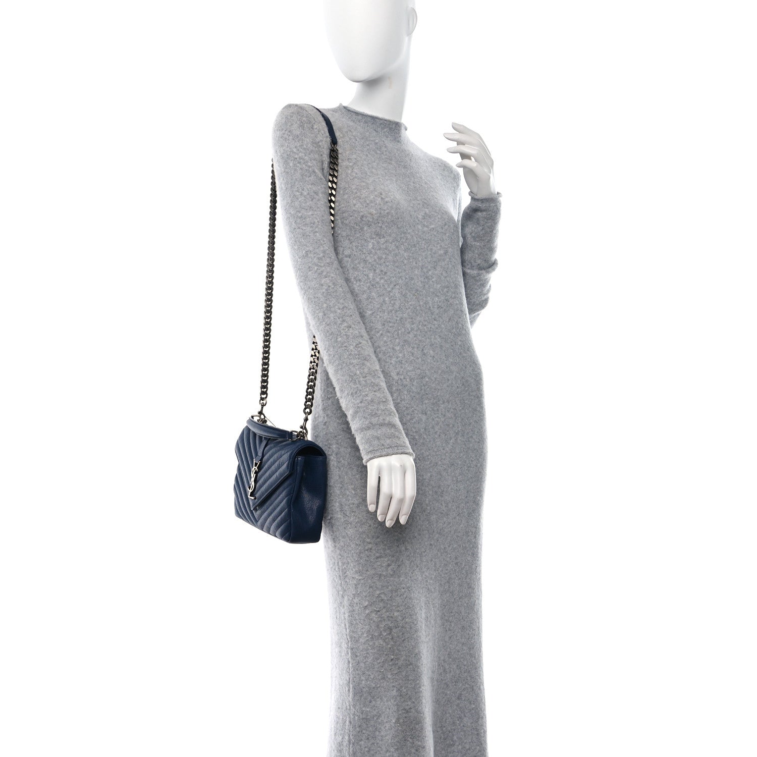 Saint Laurent Sheepskin Matelasse Chevron Monogram Medium College Bag Blue Charron 2 of 12