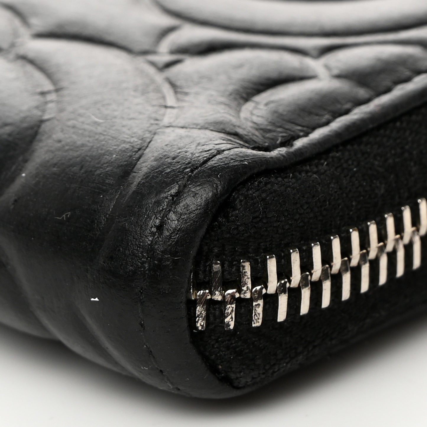 Lambskin Camellia Embossed Large Zip Around Gusset Wallet Black