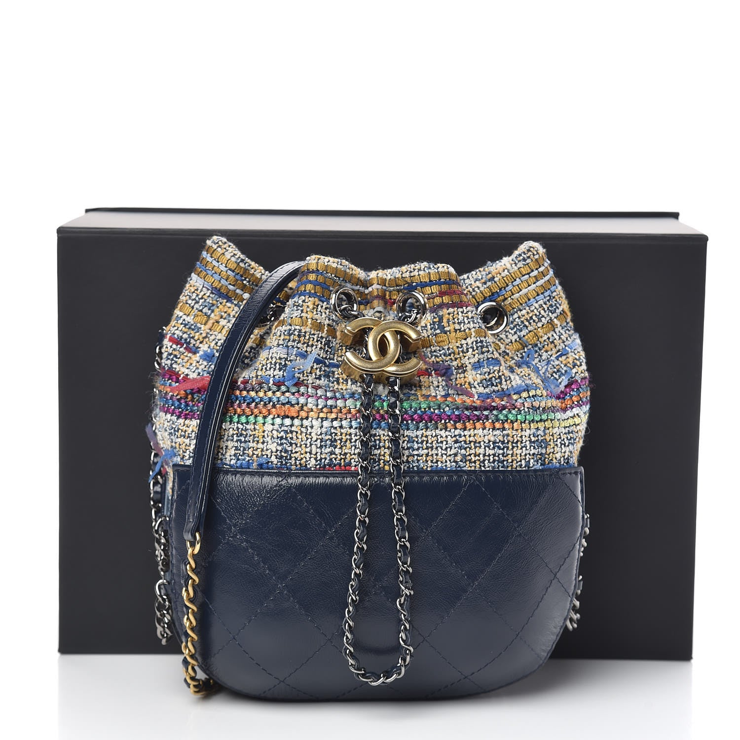 Chanel Tweed Calfskin Quilted Small Gabrielle Bucket Blue Multicolor 11 of 11