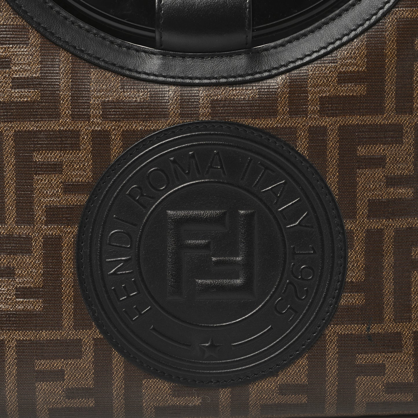Glazed Fabric Vitello Century Plexiglass FF 1974 Stamp Patch Small Runaway Shopper Tote Mogano Panna Black