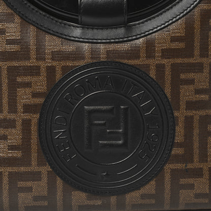 Fendi Glazed Fabric Vitello Century Plexiglass FF 1974 Stamp Patch Small Runaway Shopper Tote Mogano Panna Black 8 of 12