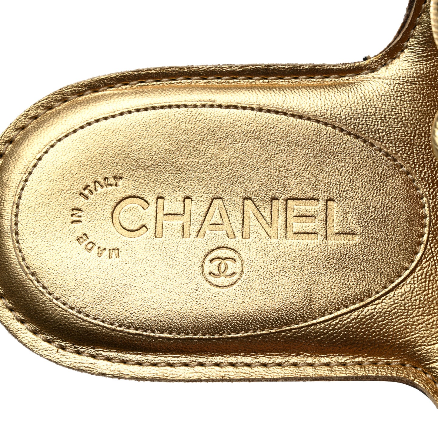 Metallic Calfskin Camellia Sandals 41 Gold