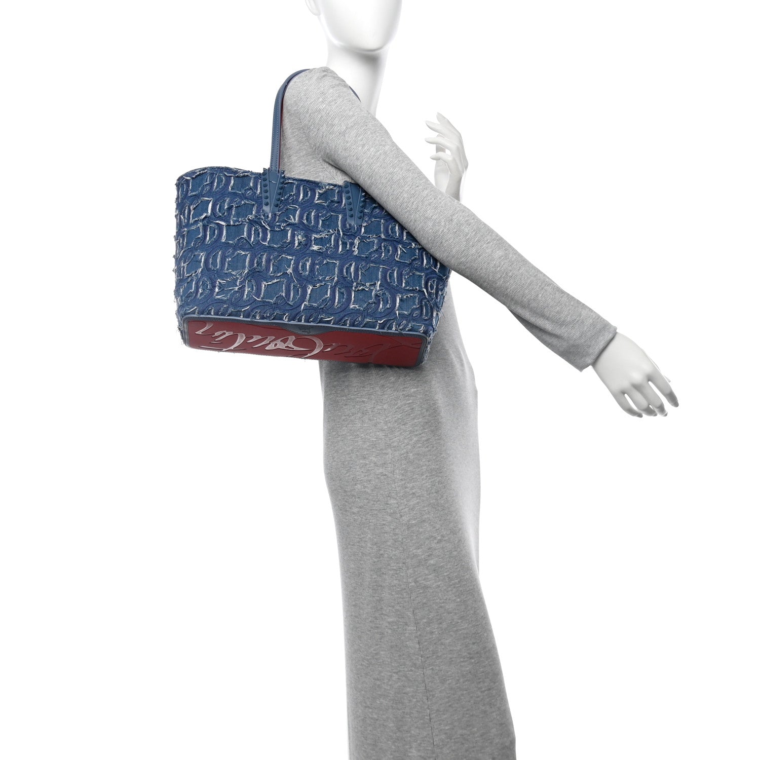 Christian Louboutin Denim Embroidered Spikes East West Cabata Tote Blue 2 of 12