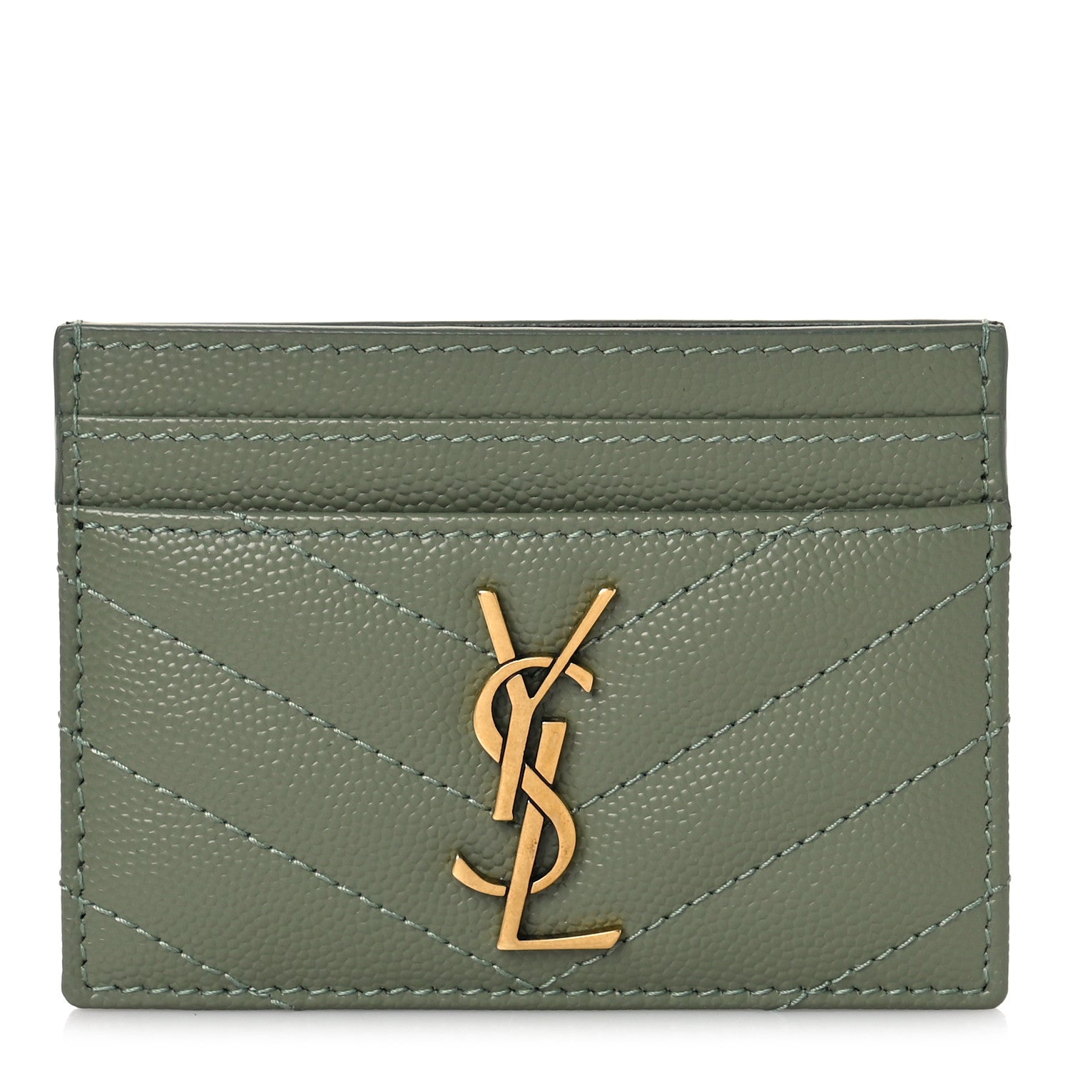 Saint Laurent Grain De Poudre Matelasse Chevron Monogram Credit Card Case Light Sage 1 of 9