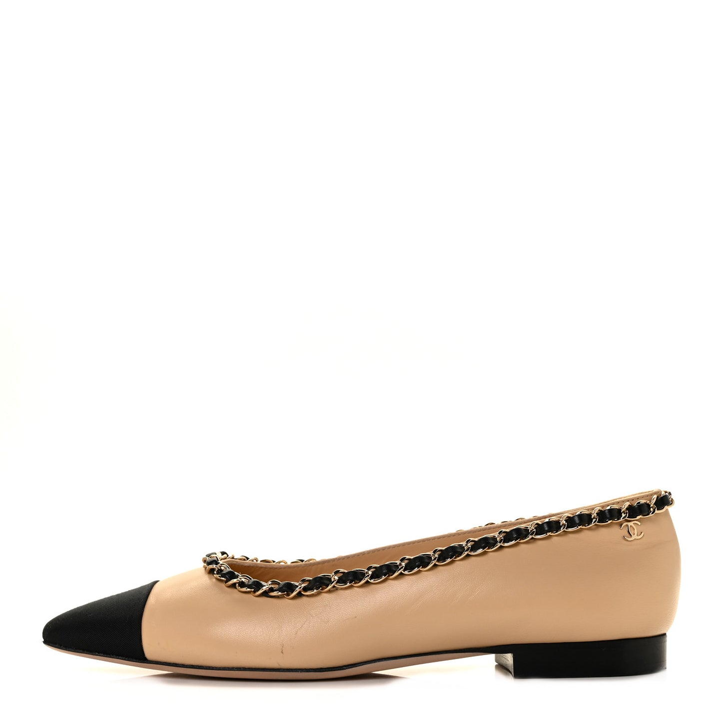 Lambskin Grosgrain Chain Cap Toe Flats 37.5 Beige Black