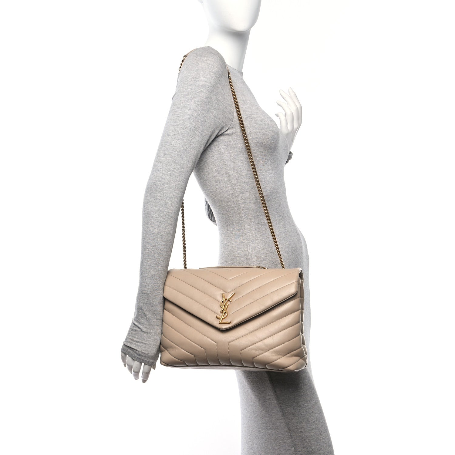 Saint Laurent Calfskin Matelasse Medium Loulou Monogram Chain Satchel Dark Latte 2 of 12