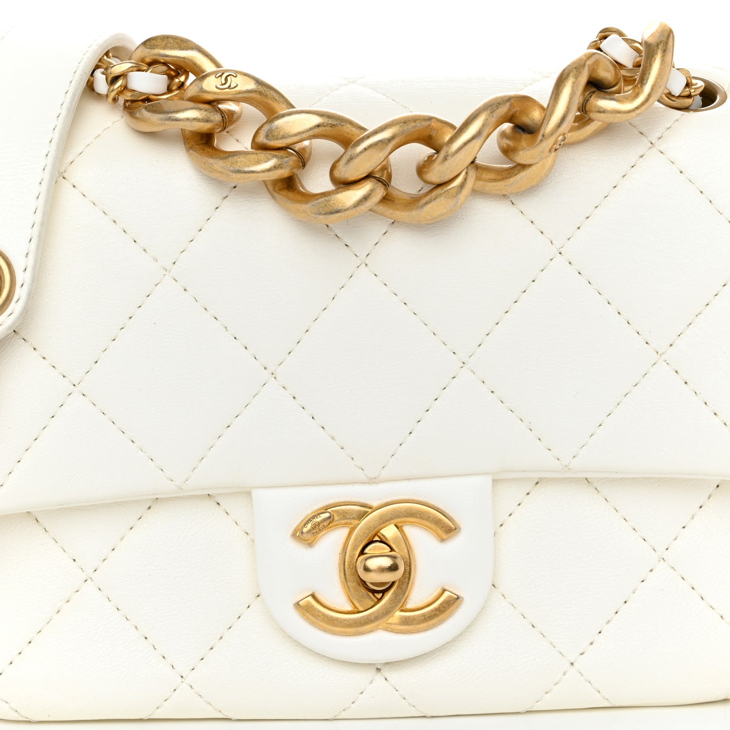 Shiny Lambskin Quilted Mini Flap White