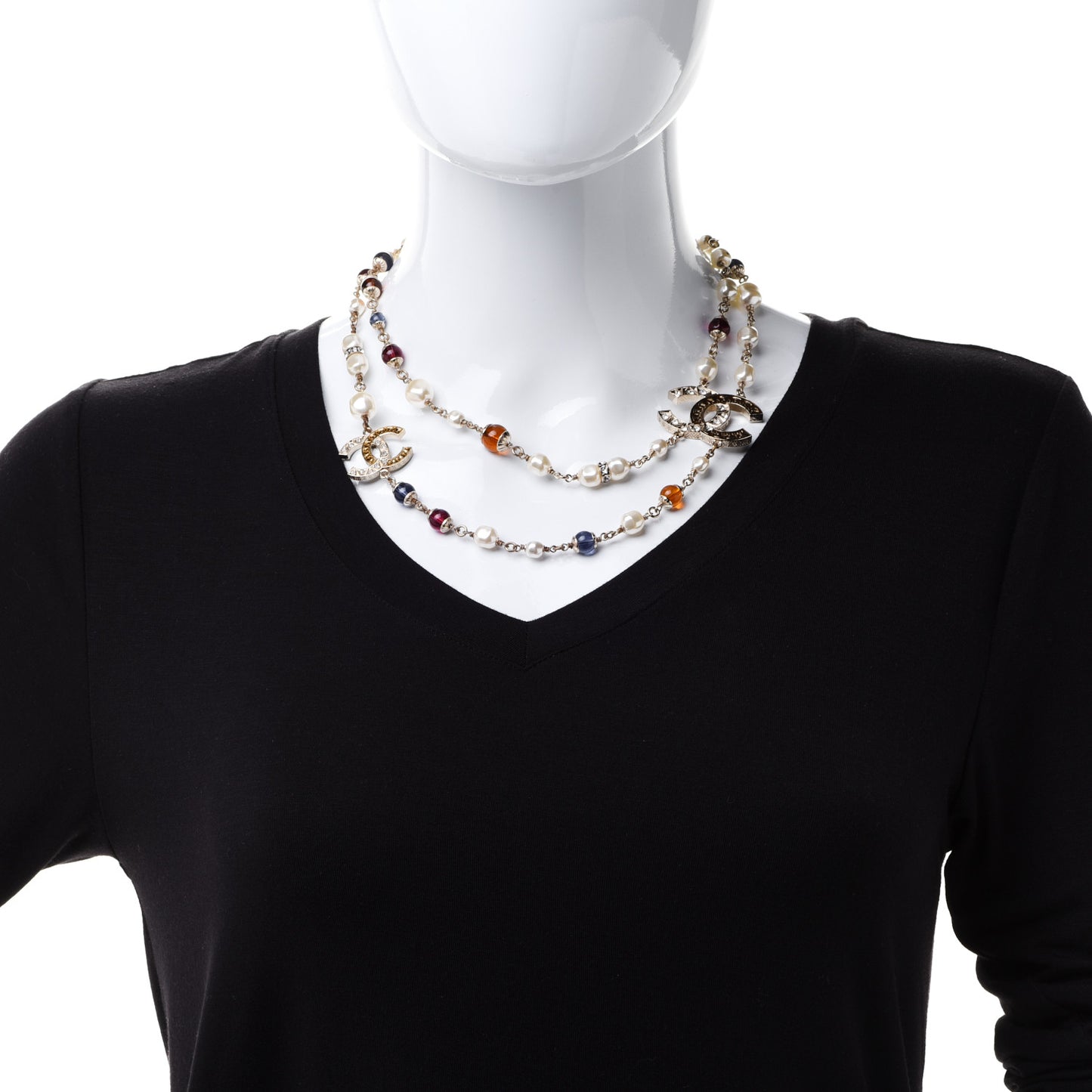 Pearl Beaded Crystal CC Long Necklace Gold Multi
