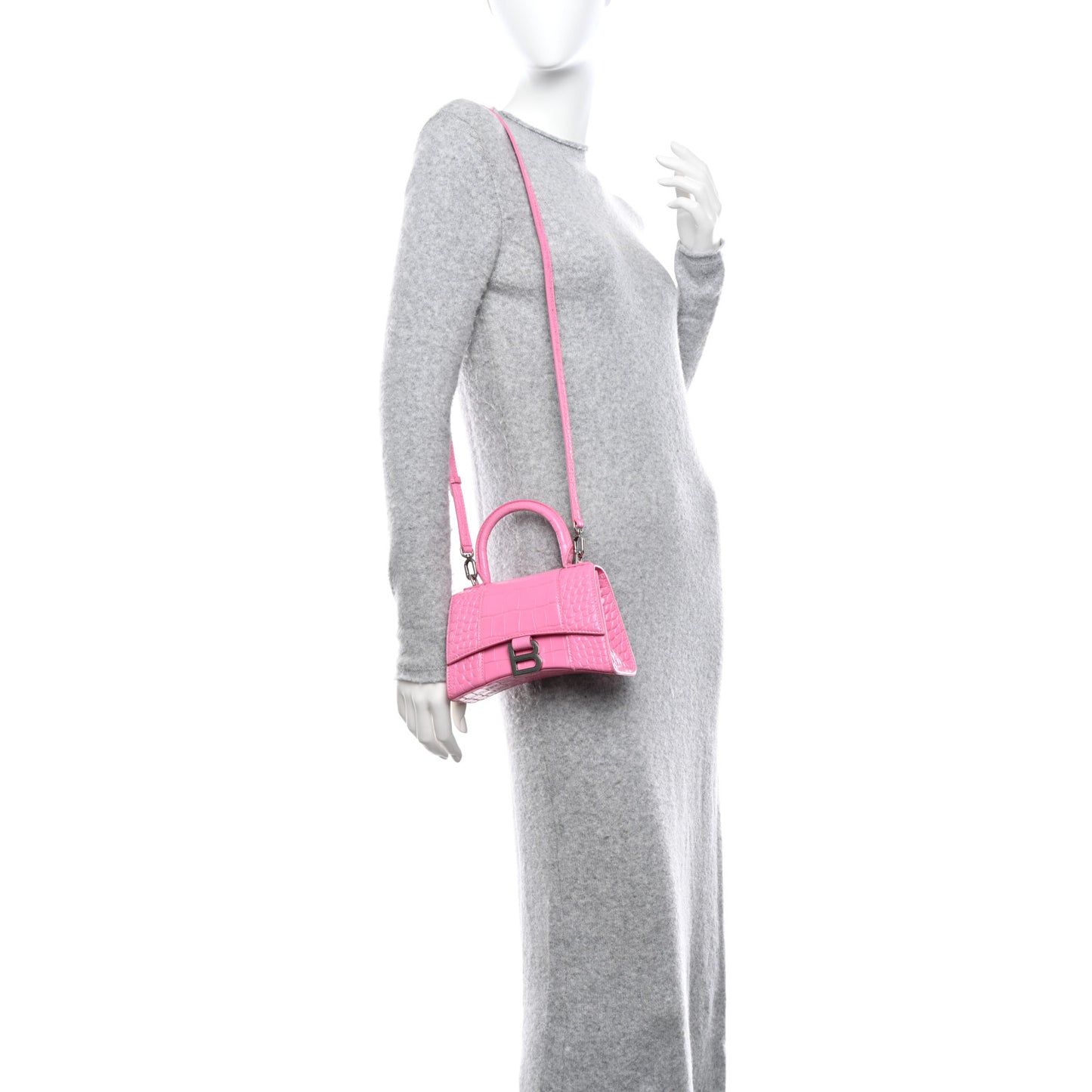 Shiny Calfskin Crocodile Embossed Hourglass Top Handle Bag XS Baby Pink