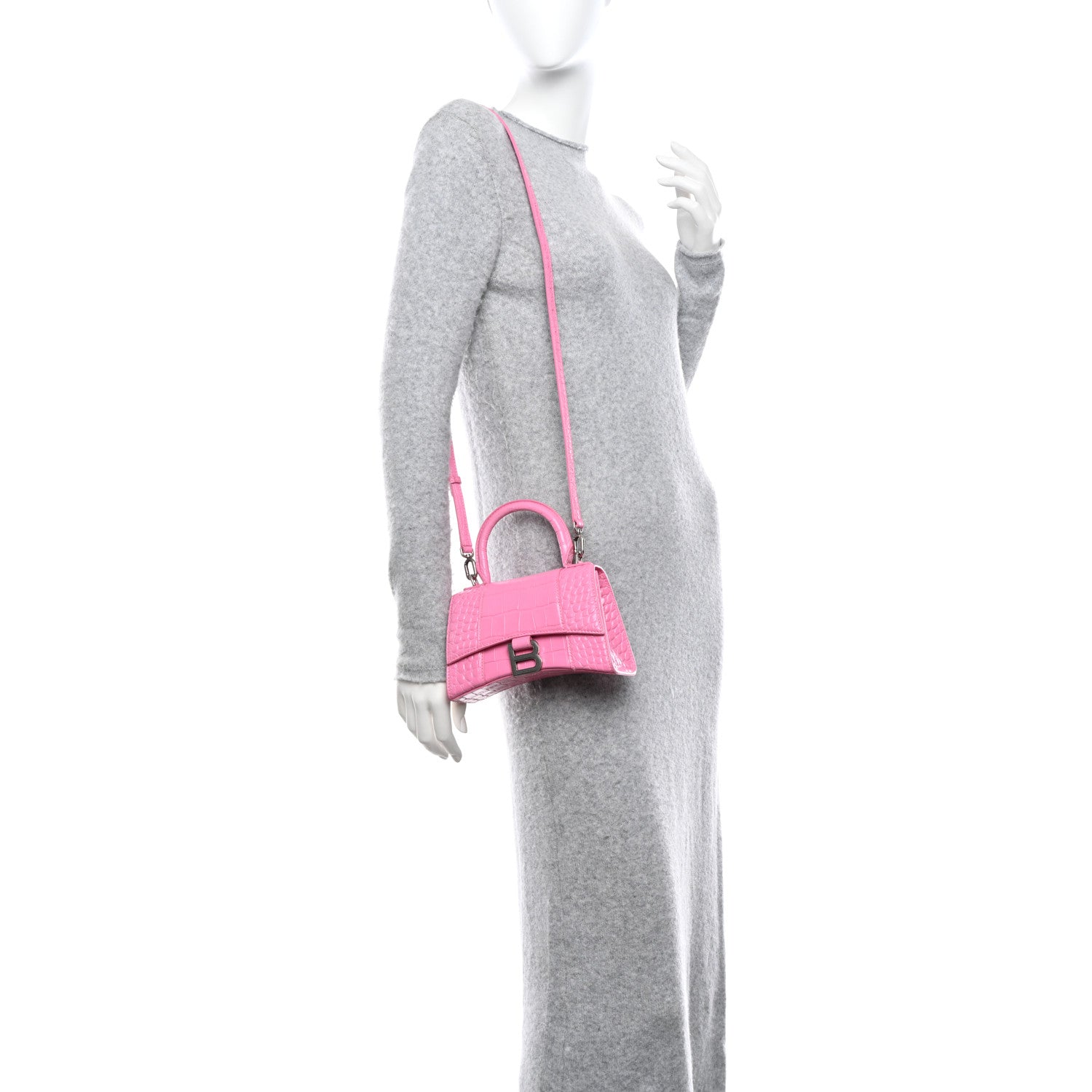 Balenciaga Shiny Calfskin Crocodile Embossed Hourglass Top Handle Bag XS Baby Pink 2 of 12