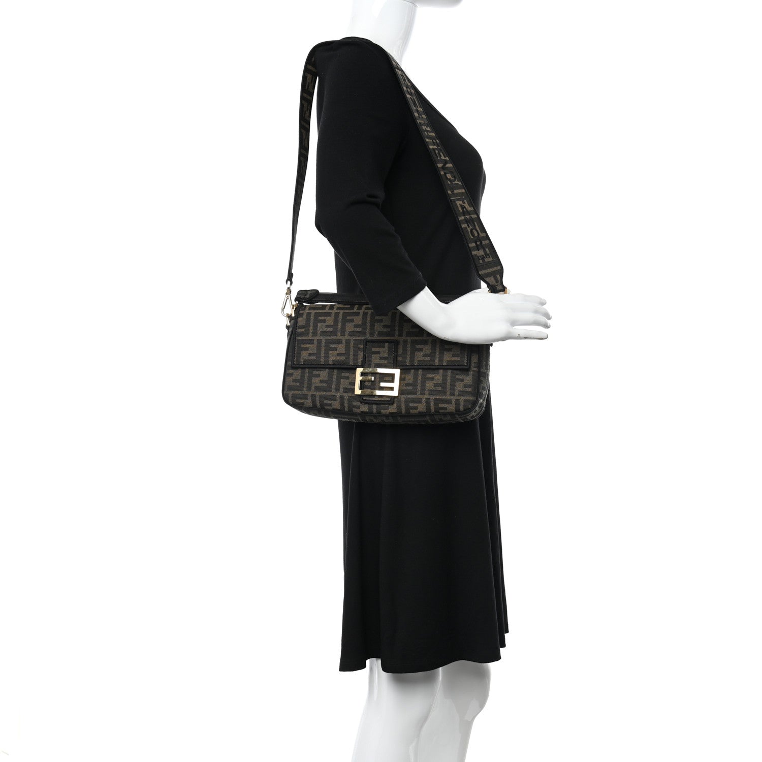Fendi Fabric Jacquard FF 1974 Medium Baguette Tobacco Moro Black 3 of 9