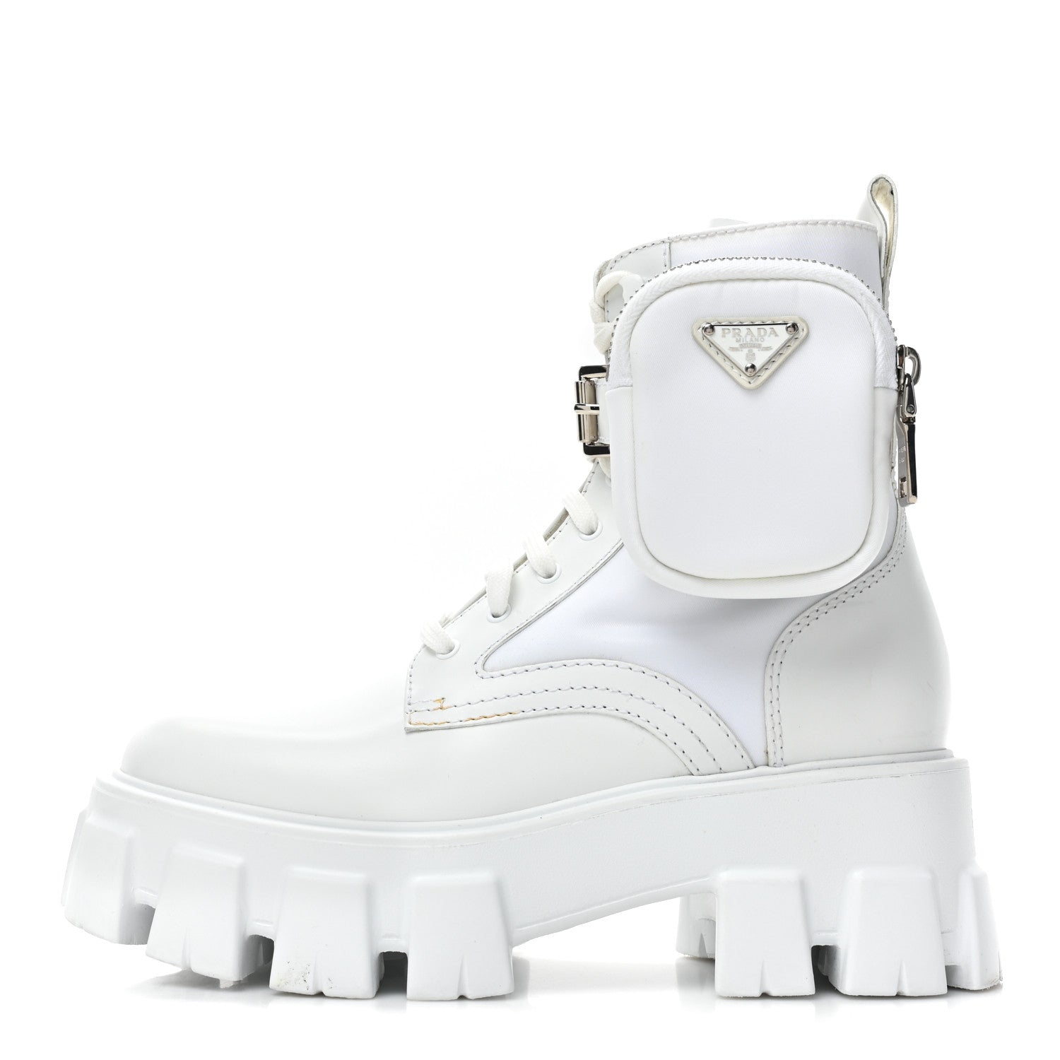 Prada Spazzolato Rois Re-Nylon Metal Triangle Logo Monolith Pouch Pocket 55mm Boots 36 White 1 of 15